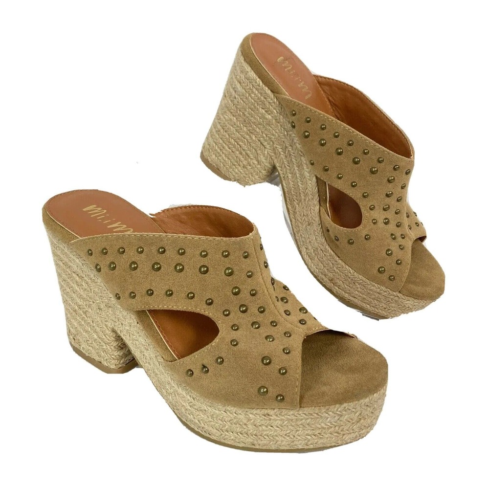 Mi.iM Sandals Womens Sz 6.5 Beige‎ Studded Suede Leather Slide On Espadrille